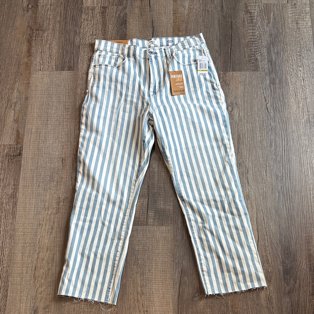 Kensie Blue and White Striped High-Rise Jeans